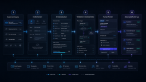 AI automation for small businesses workflow showing customer inquiry, intake system, AI interpretation, business rules, human review, and follow-up